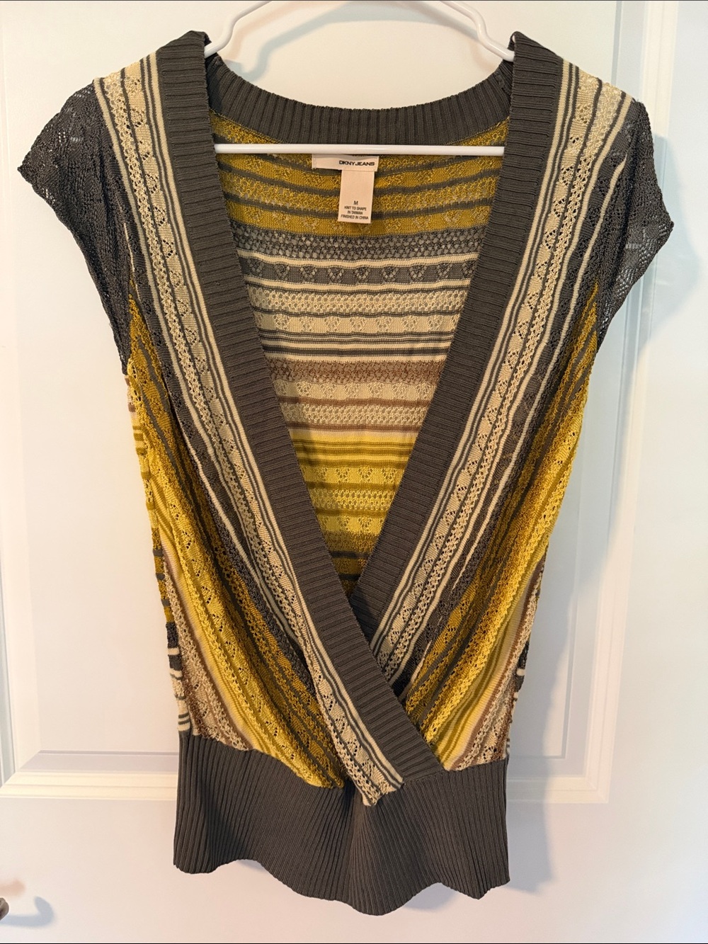 DKNY Striped Knit Surplice Top in Mustard and Gray